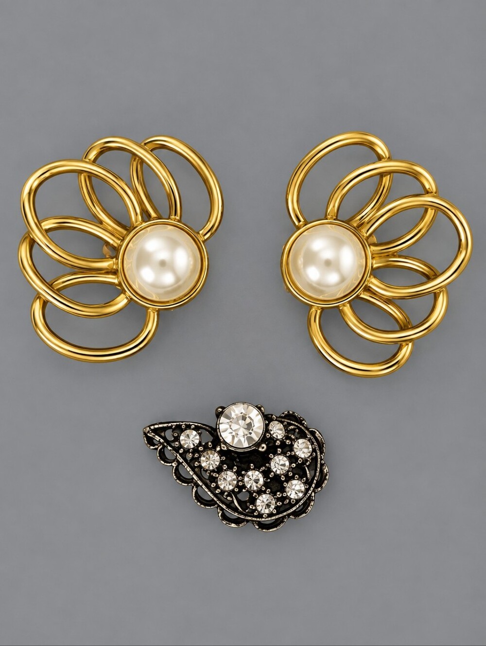 Pair Of Gold Pearl Flower Shoe Clips and One MUSI Rhinestone Shoe Clip